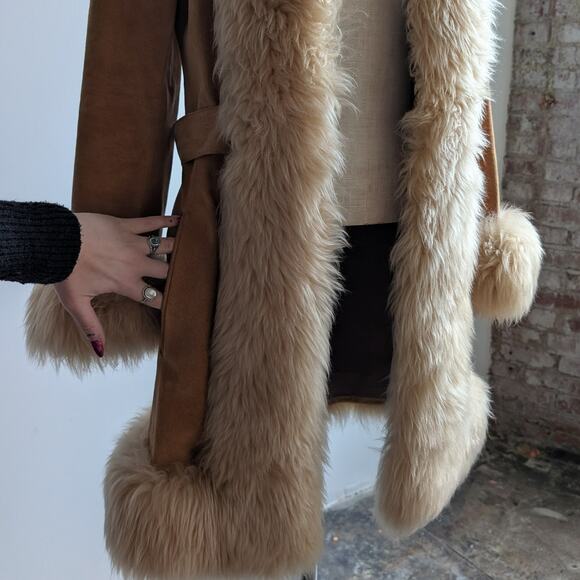 Vintage Tan Brown Suede Penny Lane Jacket Fur Furry Leather Trench Coat Small - Picture 9 of 13